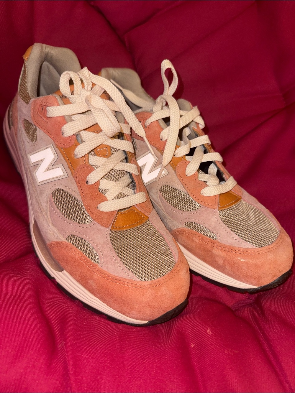 New Balance Peach and Beige Suede Mesh Sneakers